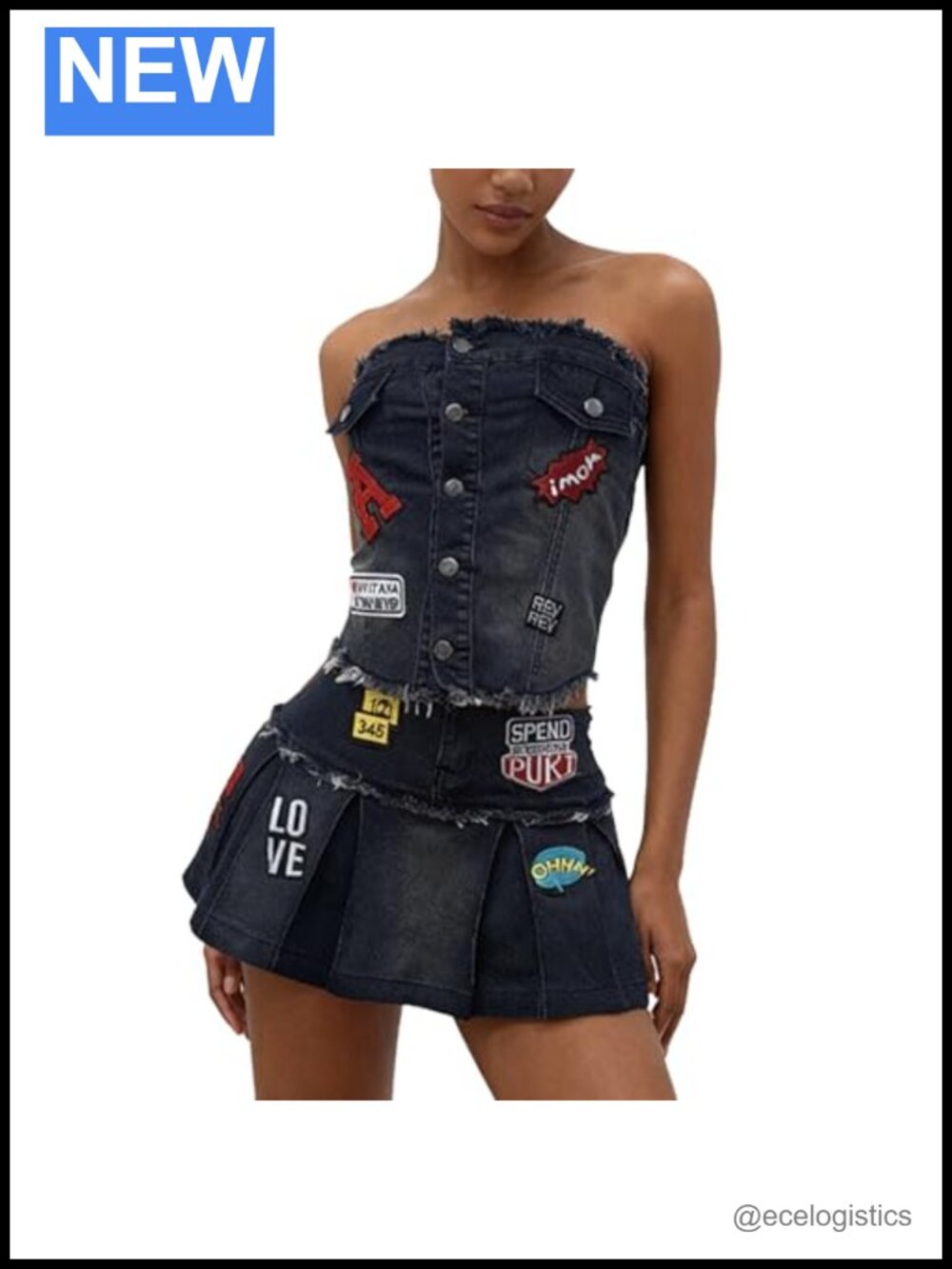 Embroidered Off Shoulder Denim Top and Pleated Mini Skirt Set - Sexy Going Out